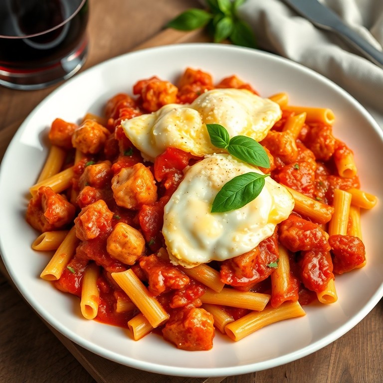 Macarrão com Frango ao Molho de Tomate e Ovos Mexidos