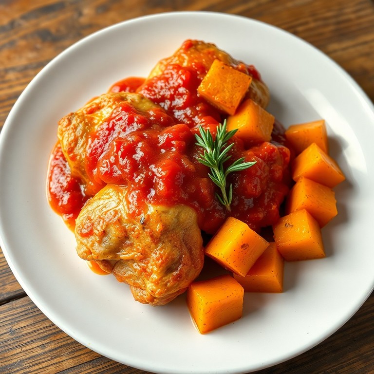 Frango ao Molho de Tomate com Batata Doce Assada