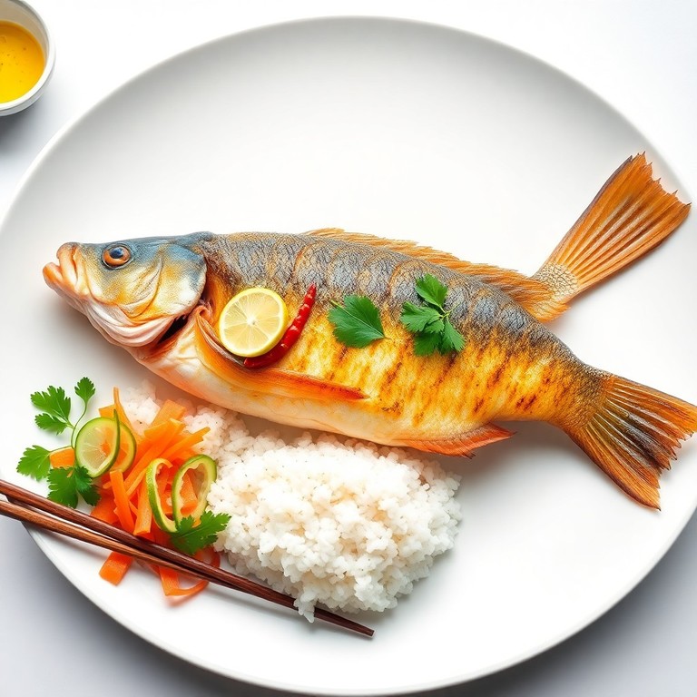 Asiatischer Fisch Grill-Teller mit Koriander-Knoblauchöl