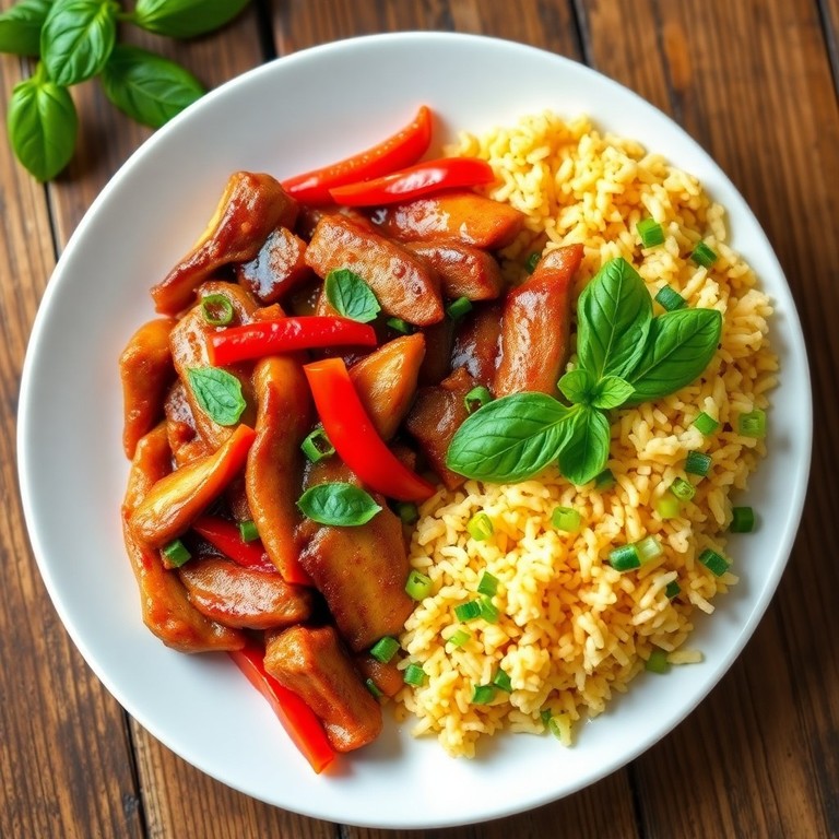 Spicy Thai Chicken Chili Dry Stir-Fry with Egg Fried Rice