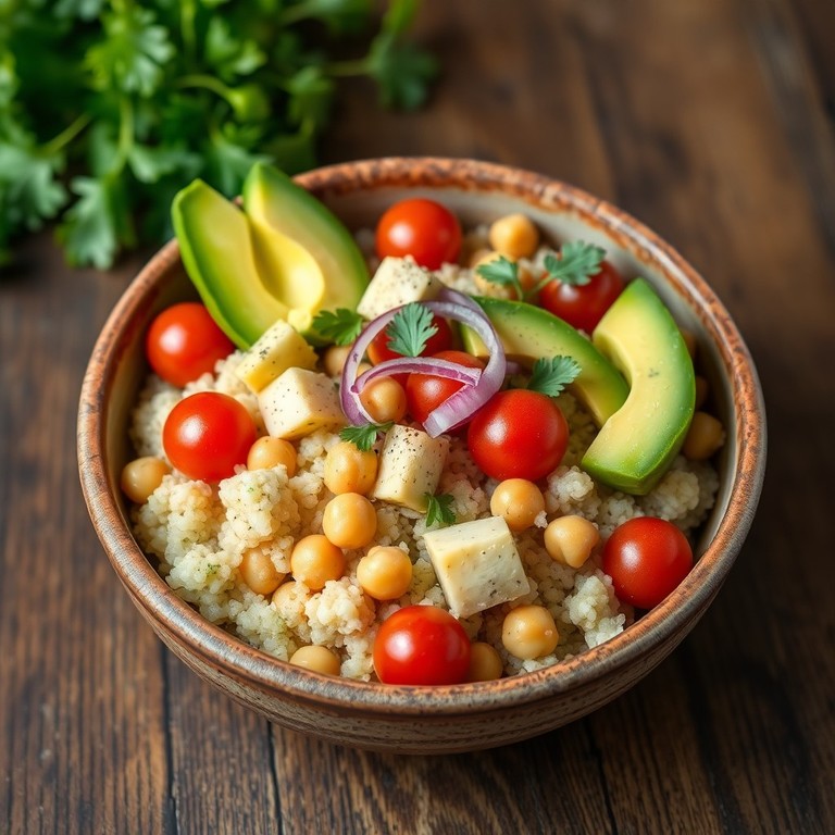 Gekookte Quinoa Salade met Kikkererwten en Avocado
