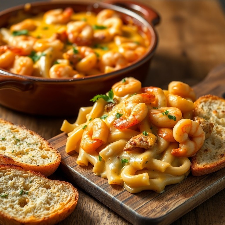 Cheesy Chicken and Shrimp Pasta Bake with Crispy Garlic Bread