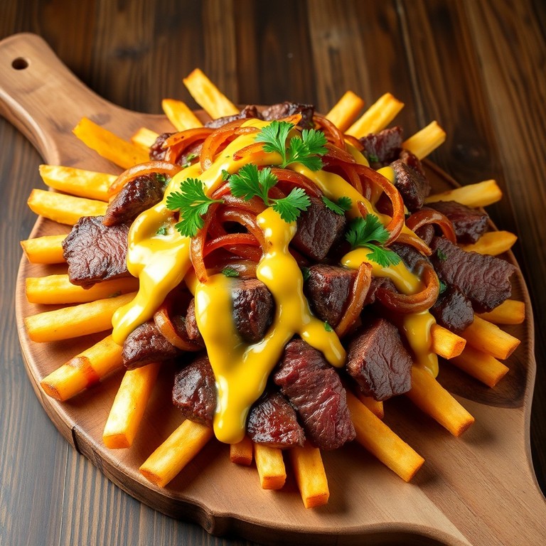 Steak Loaded Fries with Caramelized Onion and Mustard Mayo