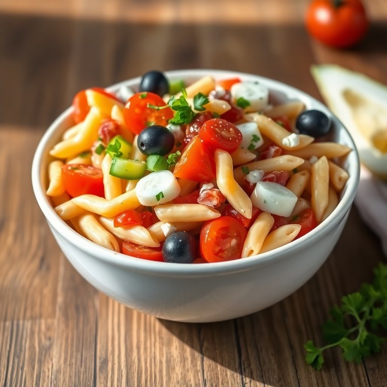 Mediterraner Nudelsalat mit Zitronen-Joghurt-Dressing