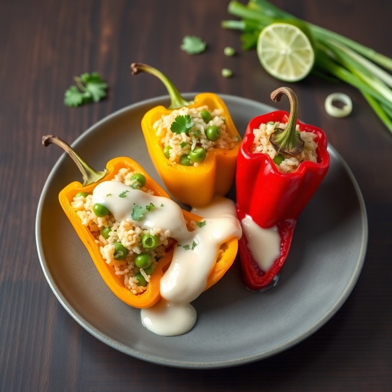 Gefüllte Spitzpaprika mit Knoblauch-Kokos-Sauce und Sesamöl