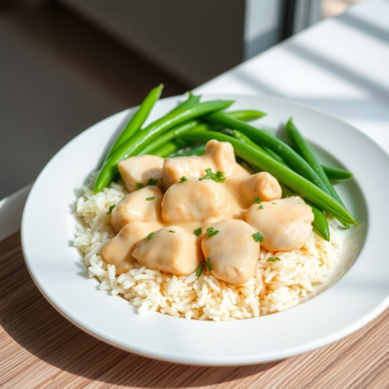 Romige Kippensaus met Jasminrijst en Groene Groenten
