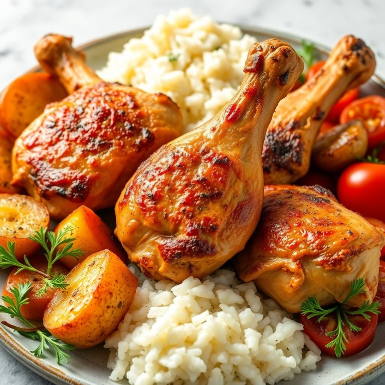 Sobrecoxas e Coxas Desossadas Assadas com Legumes, Arroz e Batatas ao Parmesão