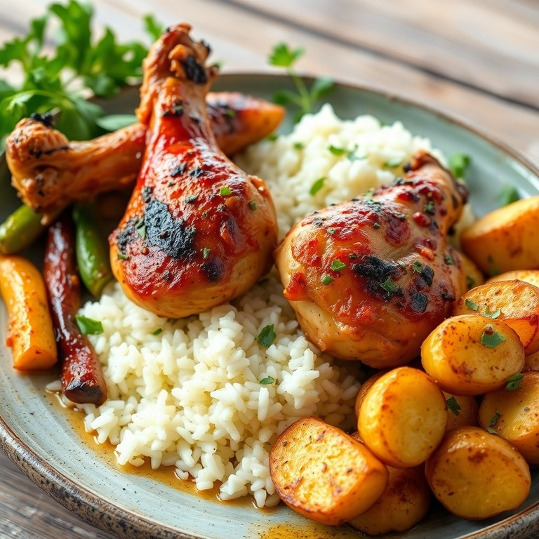 Sobrecoxas e Coxas Desossadas Assadas com Legumes, Arroz e Batatas ao Parmesão sem Queimar