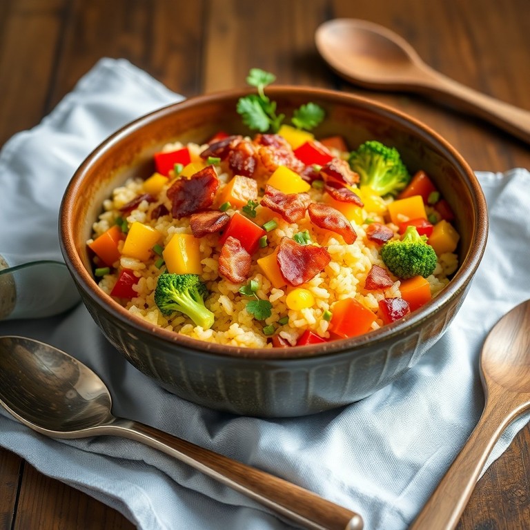 Kokos-Curry-Reispfanne mit Speck und buntem Gemüse