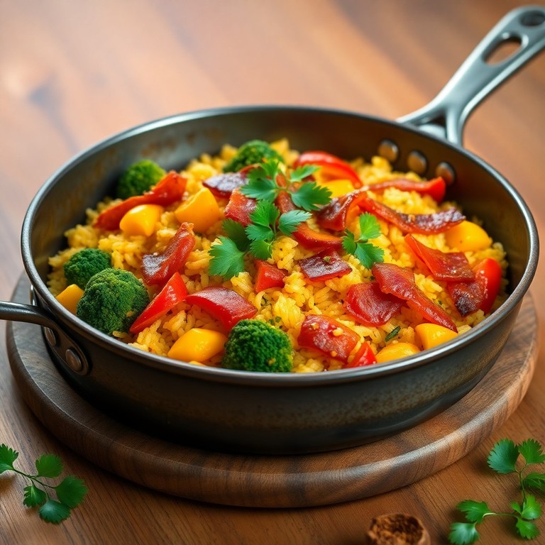 Kokos-Curry-Reispfanne mit Speck, buntem Gemüse und roter Currypaste ...