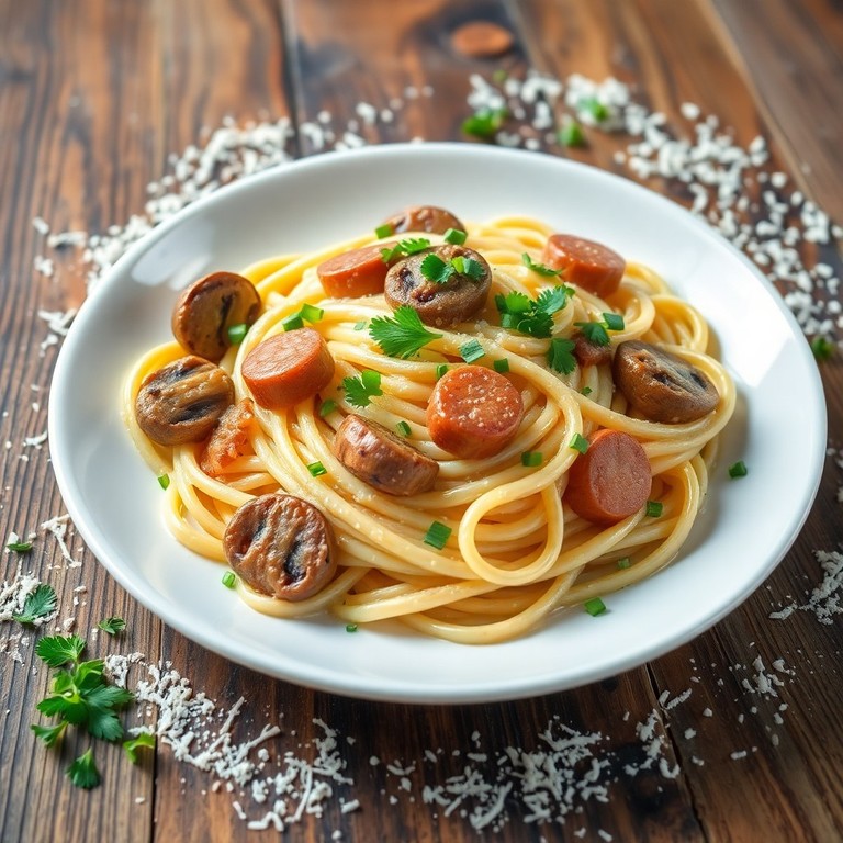 Espaguete Cremoso com Salsichas e Cogumelos ao Estilo Italiano