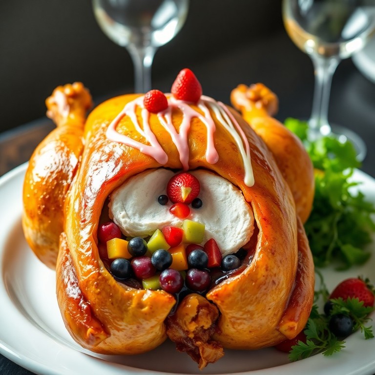 Poulet farci aux crêpes et fruits multicolores