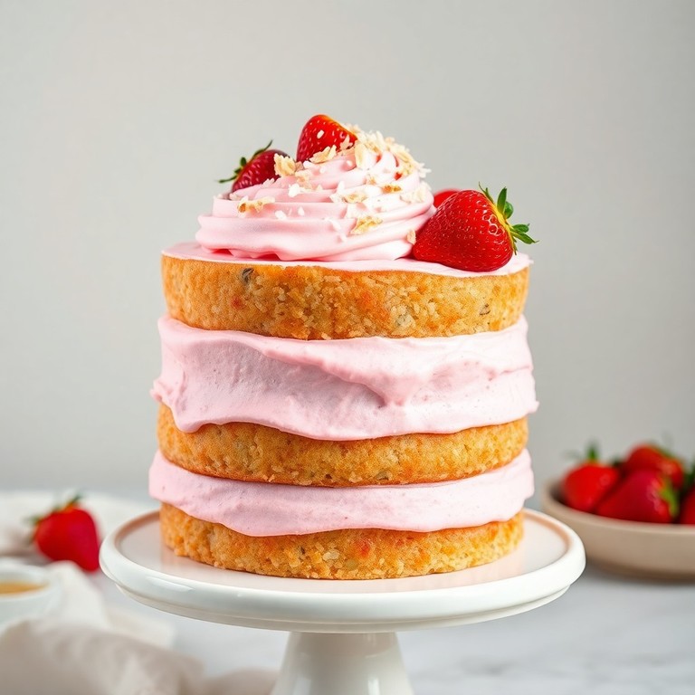 Tropical Coconut Layer Cake with Lemon Curd Filling and Strawberry Frosting