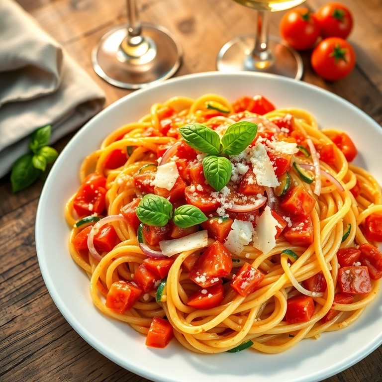 Spaghetti Estivi con Pomodoro, Zucchine e Cipolla Rossa
