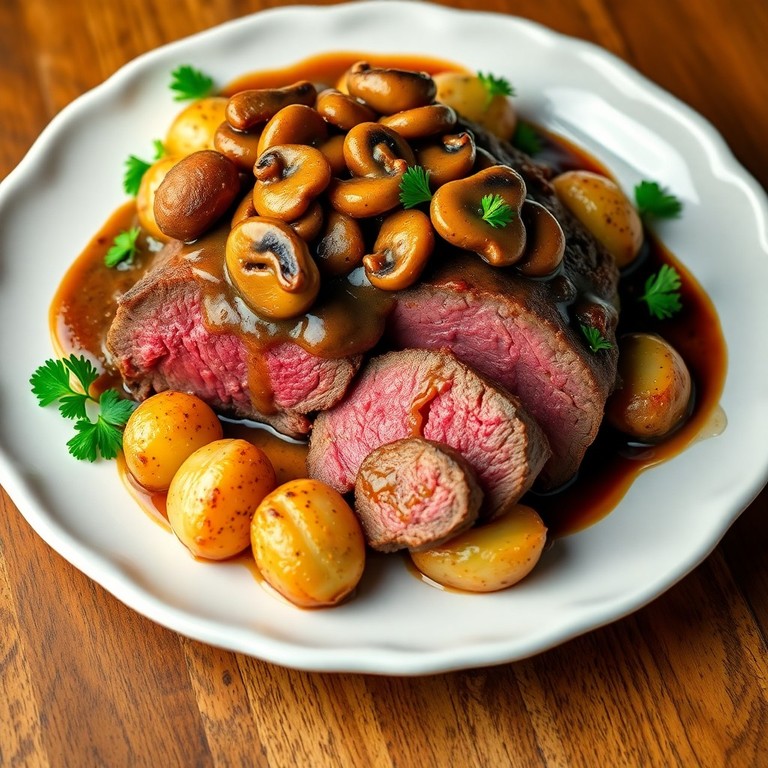 Classic Beef Tenderloin Roast with Mushroom Gravy and Roasted Potatoes
