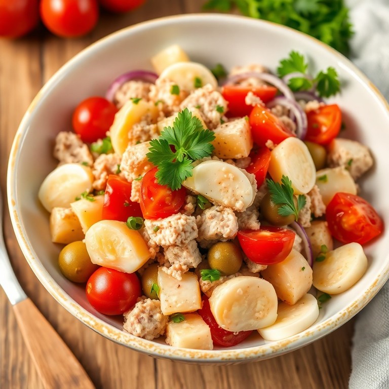 Ensalada de patatas y atún con aceitunas verdes estilo mediterráneo