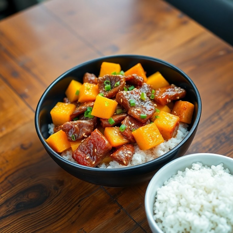 Refogado Asiático de Abóbora, Carne e Batata com Gengibre