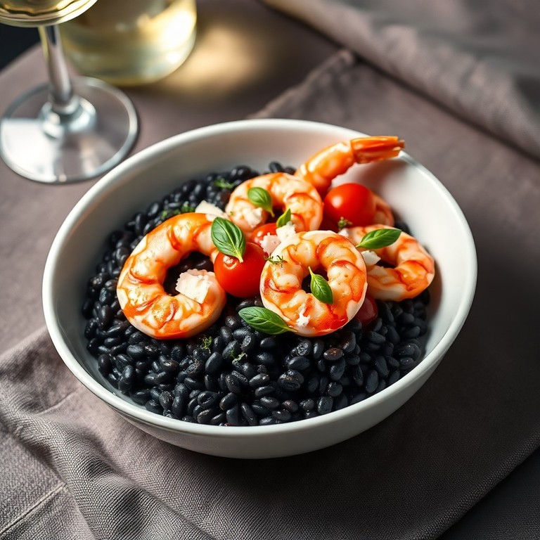 Creamy Zwarte Risotto with Cherry Tomatoes, Basil, and Shrimp