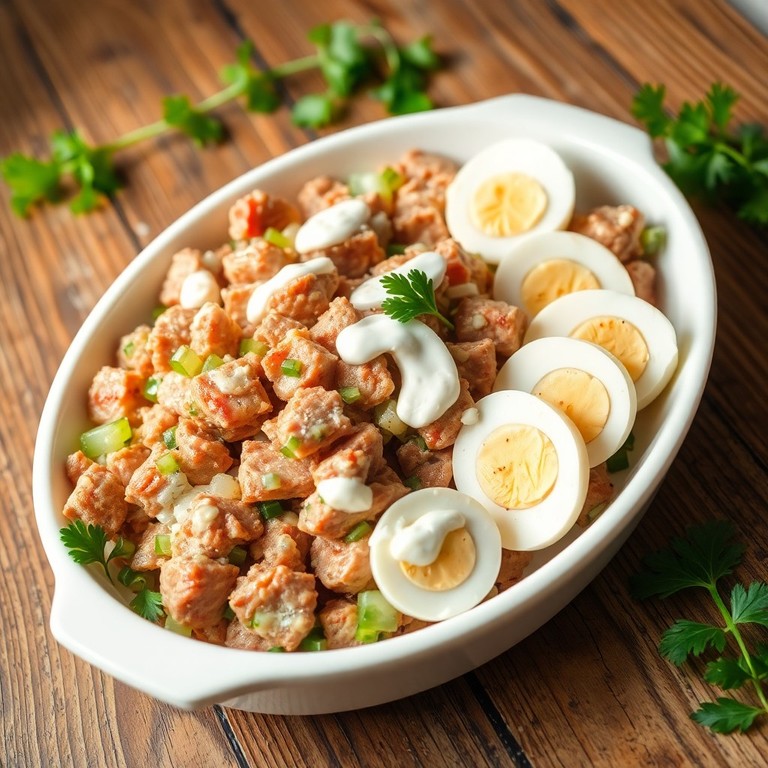 Мясной салат с яичными дольками и майонезной заправкой