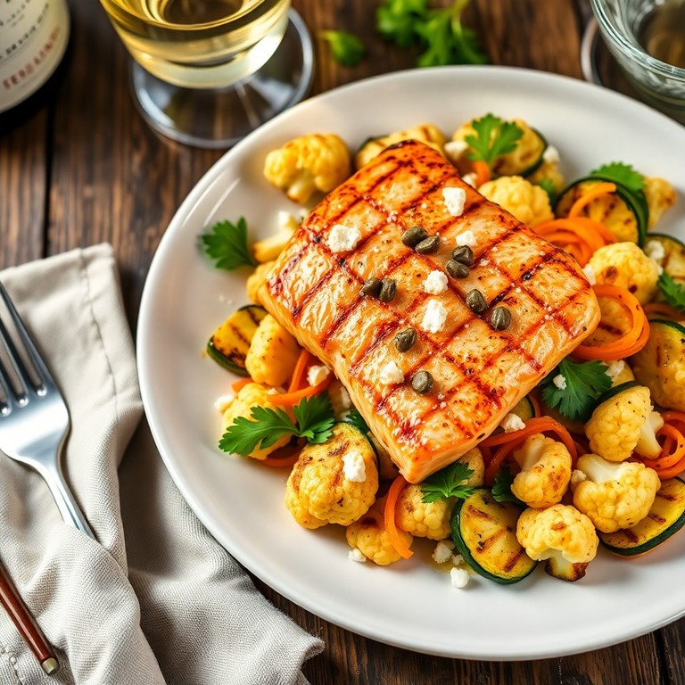 Mediterrane bloemkool en courgette salade met gegrilde zalm