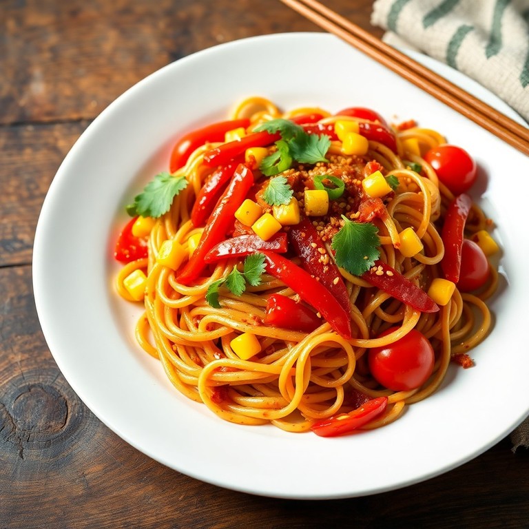 Pikante Pasta mit Paprika, Mais und Tomaten im asiatischen Stil
