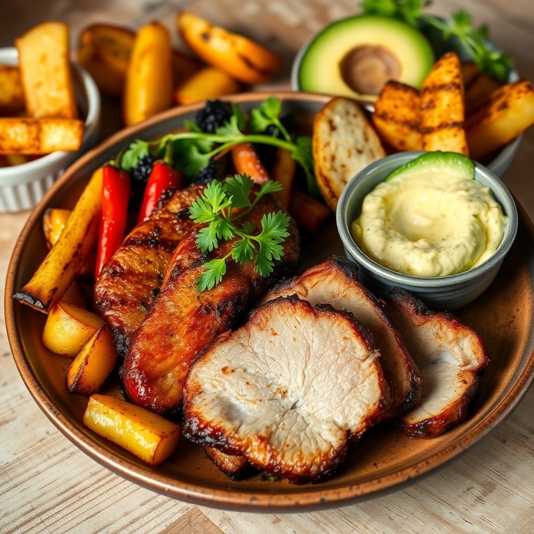 Speklapjes met gegrilde groenten, geroosterde aardappelen en romige avocadodip