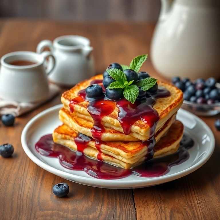 Pancakes de Pan Francés con Salsa de Arándanos y Miel de Maple
