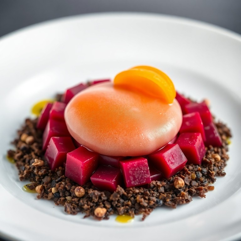 Tartar de Remolacha Ahumada con Aire Cítrico y Tierra de Cacao