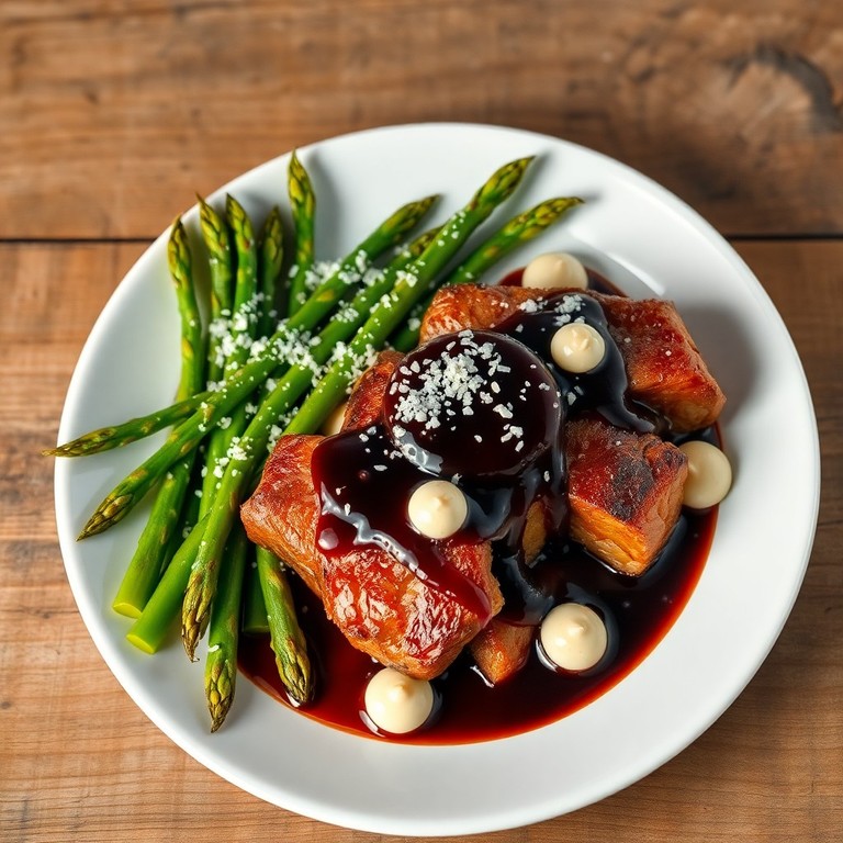 Solomo en Salteado de Espárragos y Queso Parmesano con Reducción de Vino Seco
