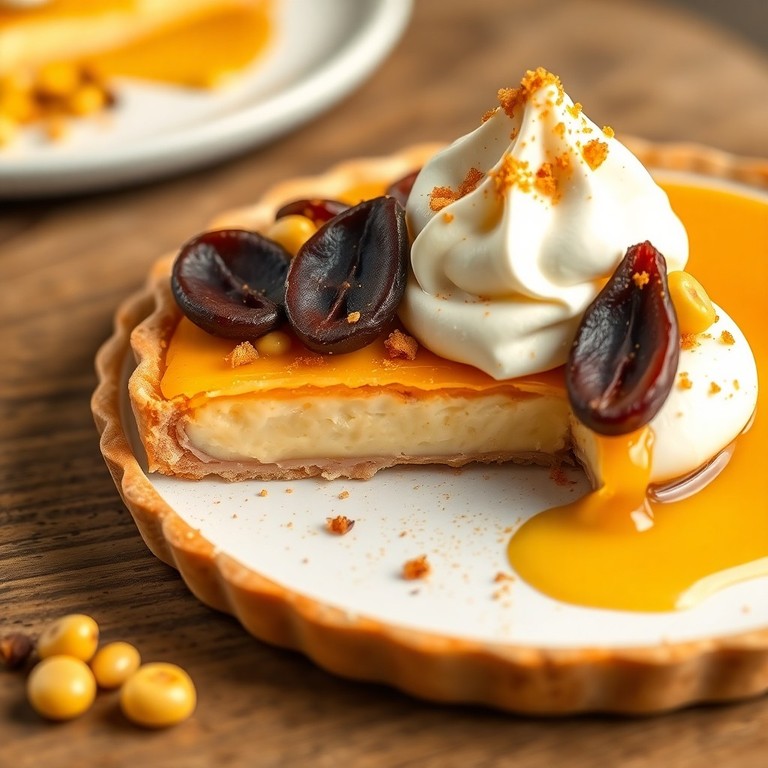 Tarta de Maíz Tostado y Miel con Infusión Exótica y Decoración de Frutas Secas