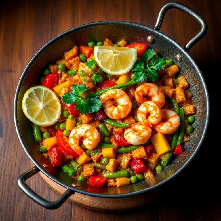 Groenterijke Paella met Gebakken Garnalen