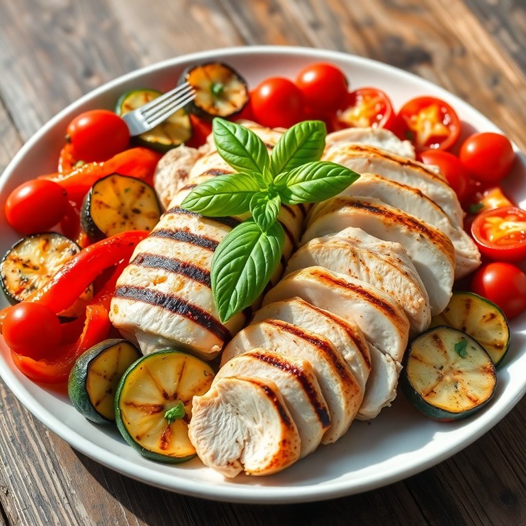 Poulet blanc grillé aux légumes d'été méditerranéens