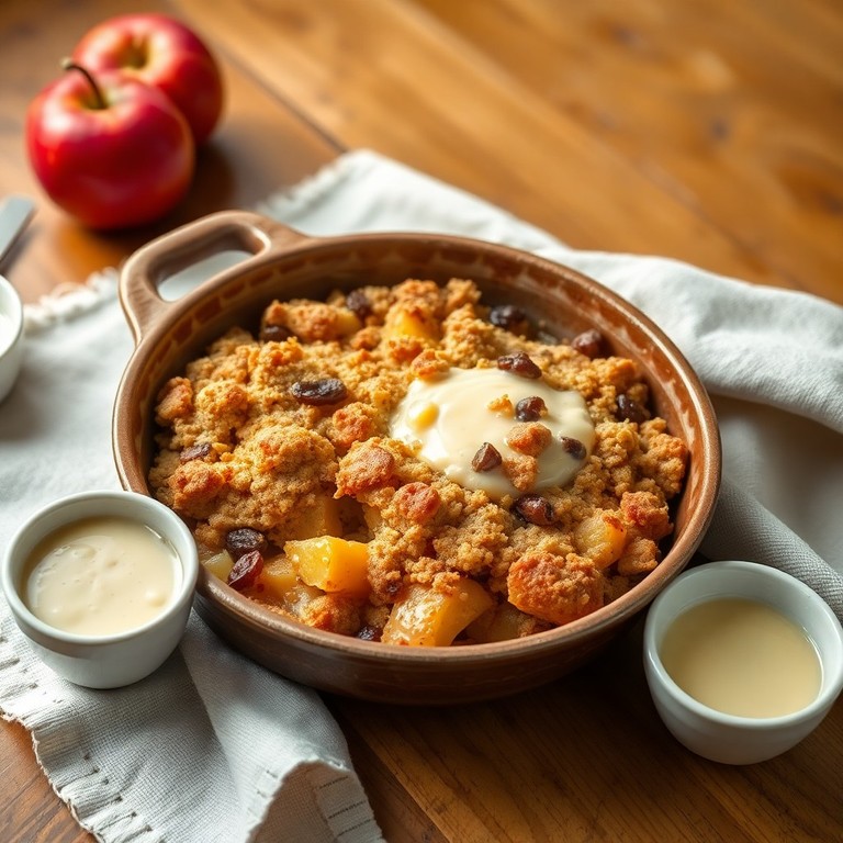 Apfel-Rosinen Crumble mit Vanillesoße