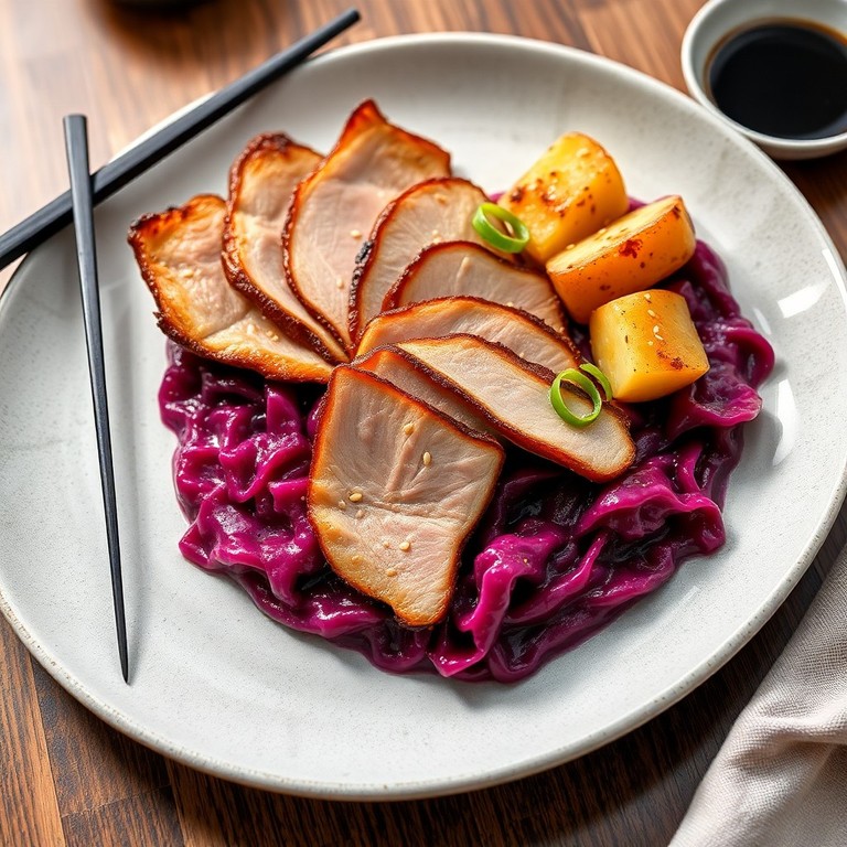 Asiatisch inspirierte Entenpfanne mit würzigem Blaukraut und gebratenen Kartoffeln