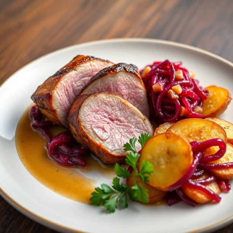 Knusprige Entenbrust mit Rotkohl und Bratkartoffeln