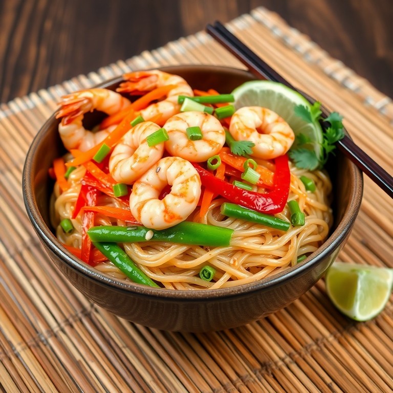Sauté de nouilles de riz aux crevettes et légumes croquants
