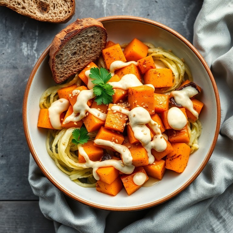 Salade tiède de patate douce rôtie et chou braisé au sésame