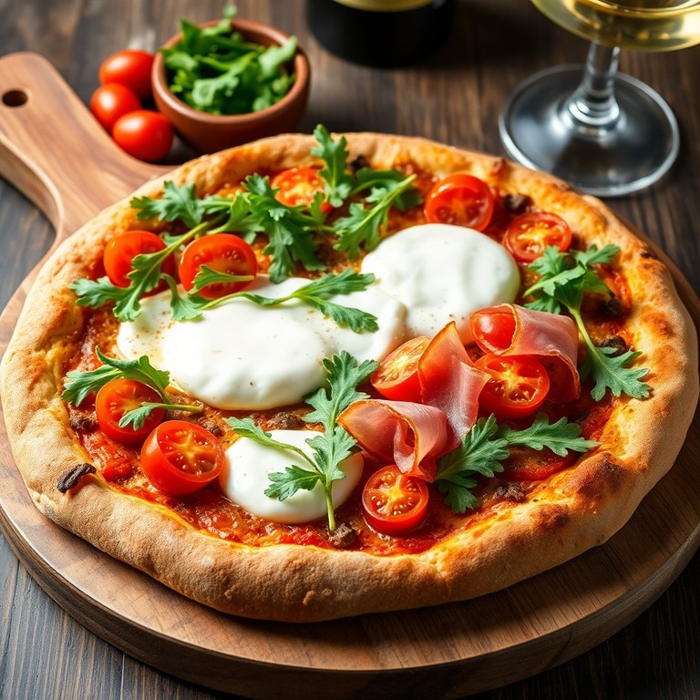 Pizza Integral de Burrata y Rúcula con Tomates Cherry y Jamón Serrano