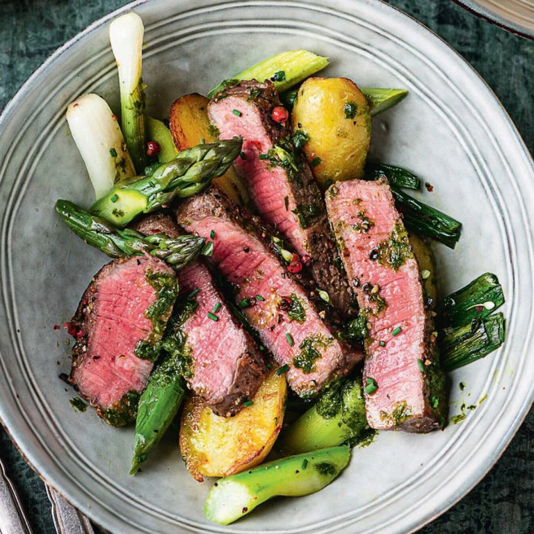 Rindersteaks mit Bärlauchöl und Frühlingsgemüse
