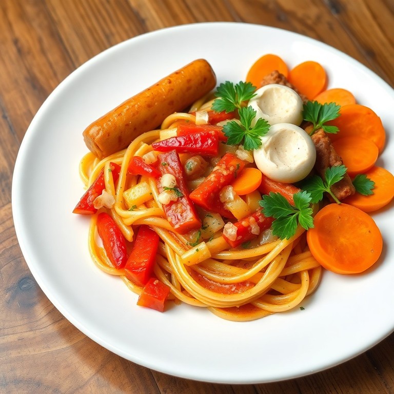 Pâtes sautées aux poivrons, ail et oignon, accompagnées d'une mousse de canard
