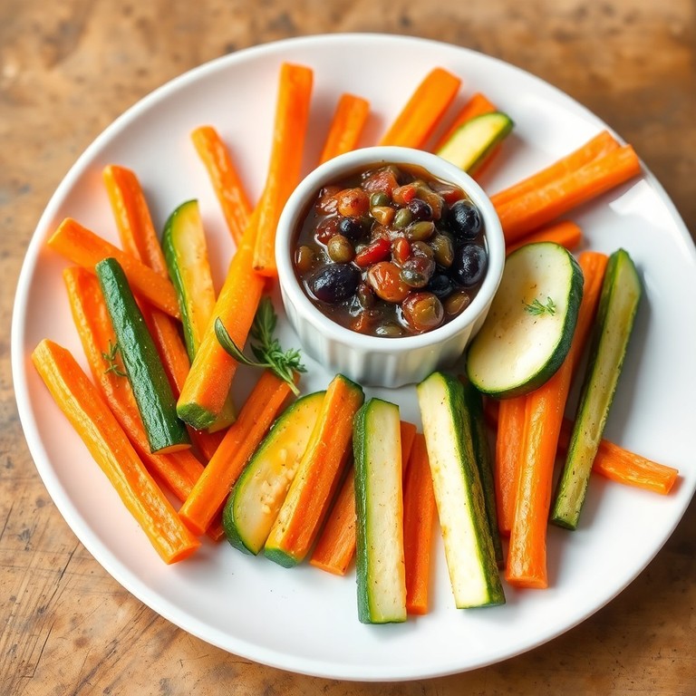 Bâtonnets croquants de carotte et courgette, dip à la tapenade d’olive noire végane