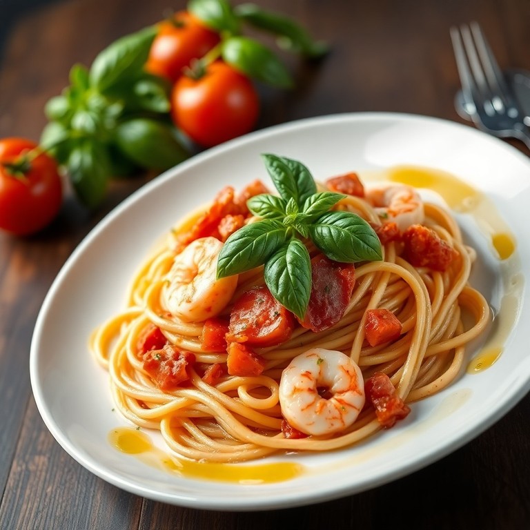 Spaghetti ai Gamberetti e Prosciutto in Salsa di Pomodoro e Basilico
