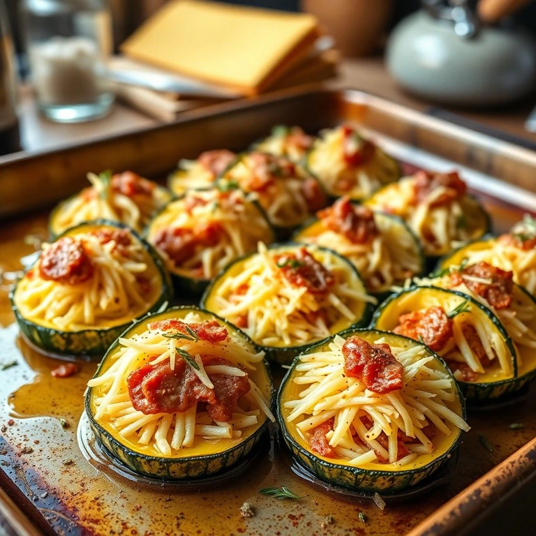Zucchini-Fächer mit Käse und Jagdwurst im Ofen gebacken