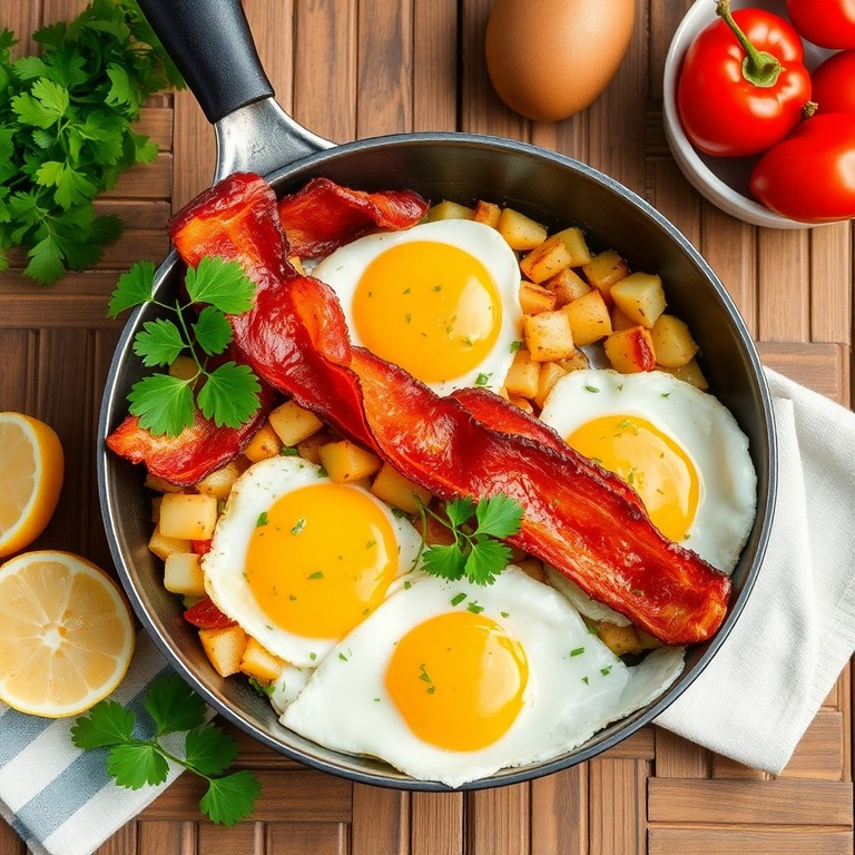 Bauernfrühstück mit knusprigem Speck und frischen Eiern – ohne Paprika