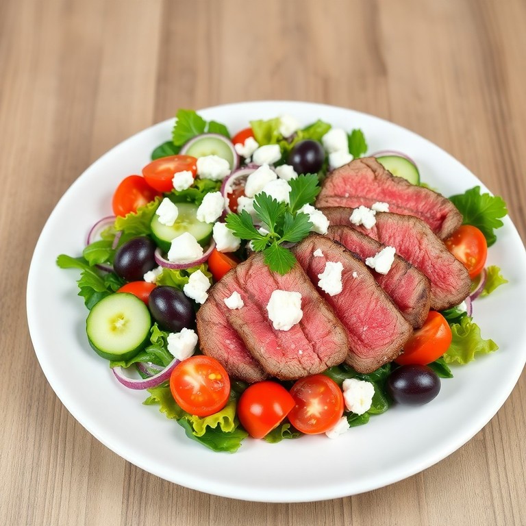 Mediterrane biefstuk salade met olijven en feta