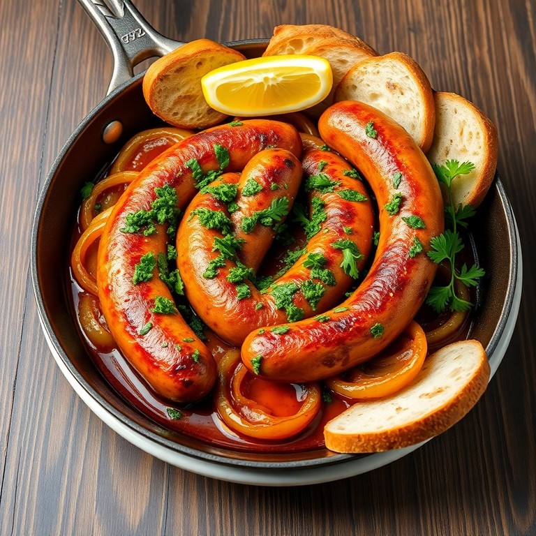Bratwurst-Pfanne mit Zwiebel-Gremolata und würziger Soße