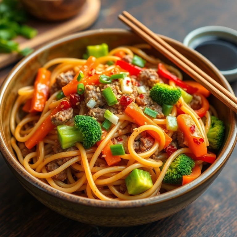 Sauté de pâtes, légumes et haché à l’asiatique