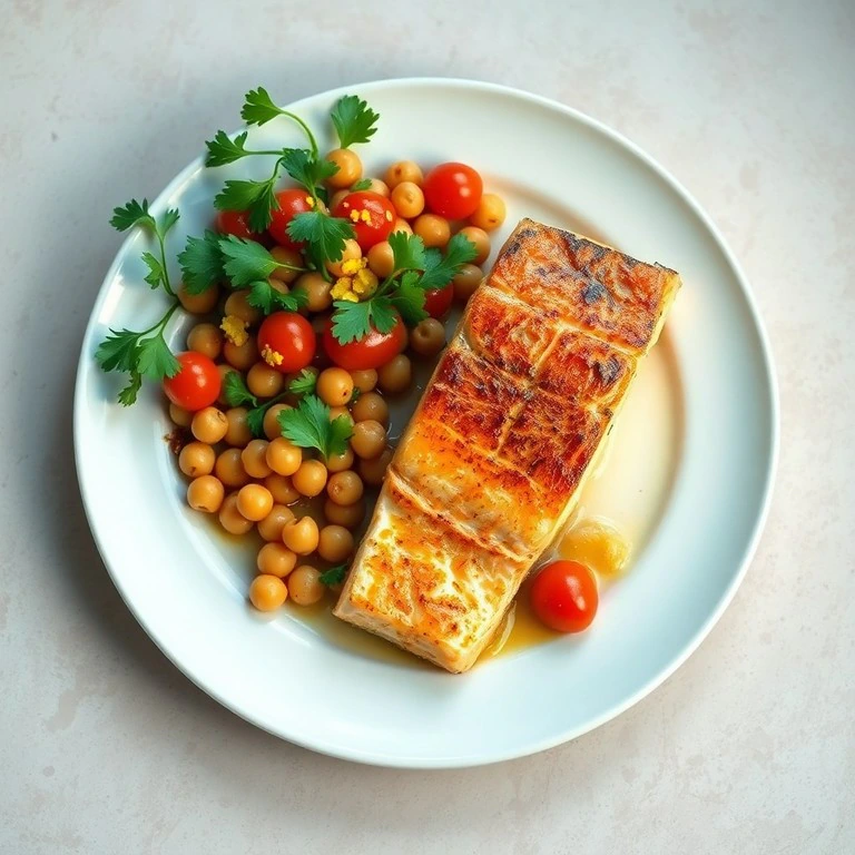 Salteado de Garbanzos y Tomates Cherry con Toque de Limón y Salmón a la Plancha