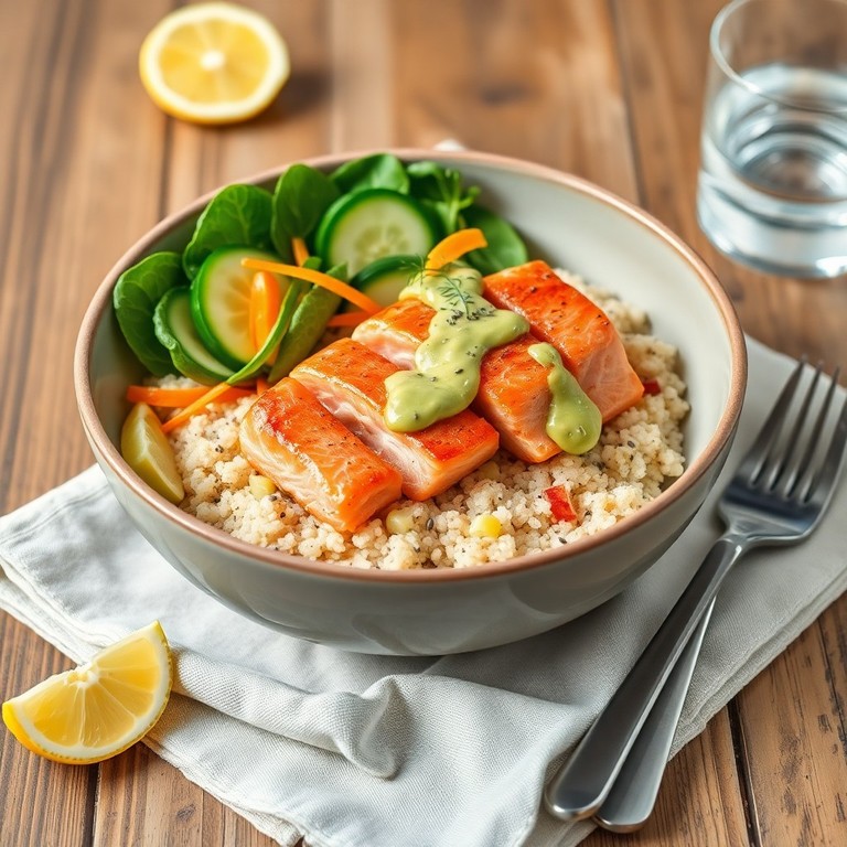 Bowl de salmón y espinacas con aderezo de aguacate y limón
