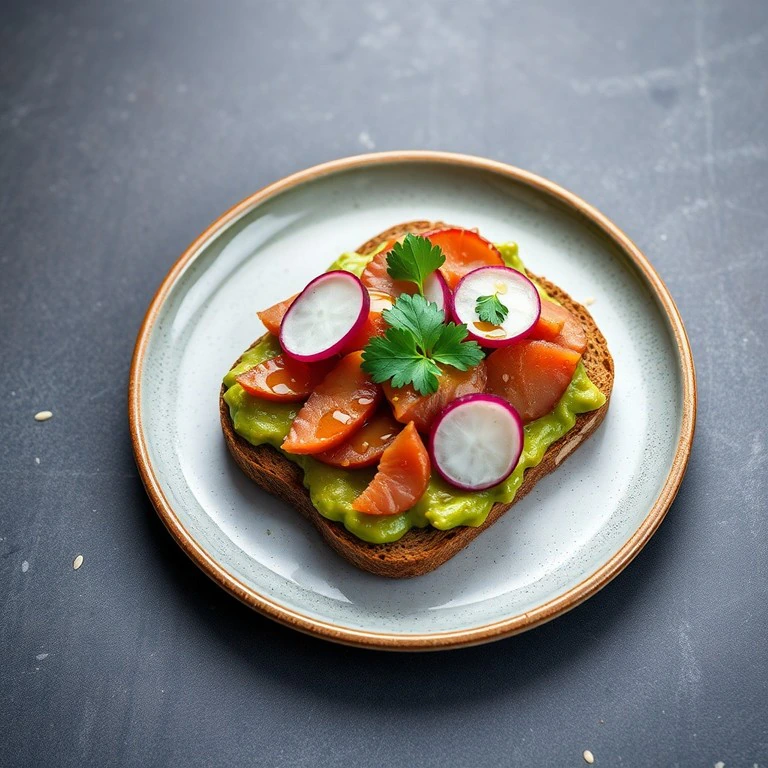Tosta de pan rústico con atún marinado en chipotle y aguacate